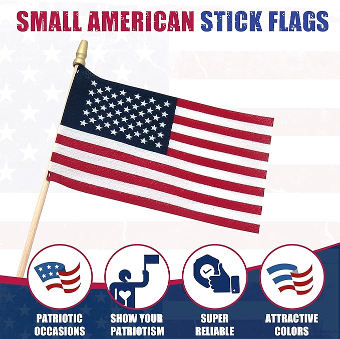 Super Tough 4"x6" Cotton US Stick Flag with Spear Tip - USA-Made Hand Held American Ensign for Parades, Holidays, and Events - Durable Cotton Fabric - Ideal for Patriotic Celebrations -100 Pack