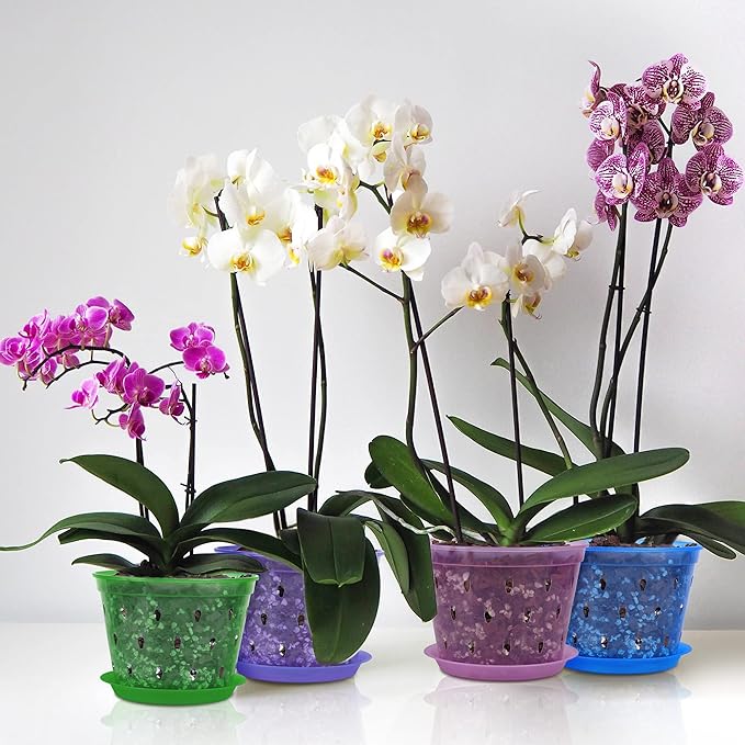 Orchid Pot, 6.7 Inch 8 Pack Orchid Pots with Holes and Saucers,Plastic Orchid Planter - Rose Quartz
