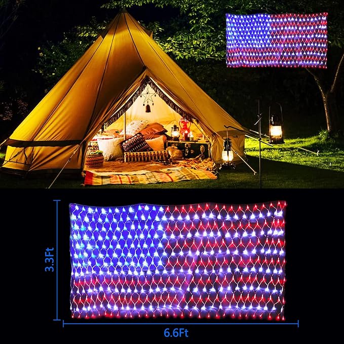 Solar American Flag String Lights - Waterproof 420 Led Solar Powered Flag Net Light for 4th of July Memorial Day Decorations Yard Garden Christmas Festival Holiday Patriotic Party Decoration Outdoor