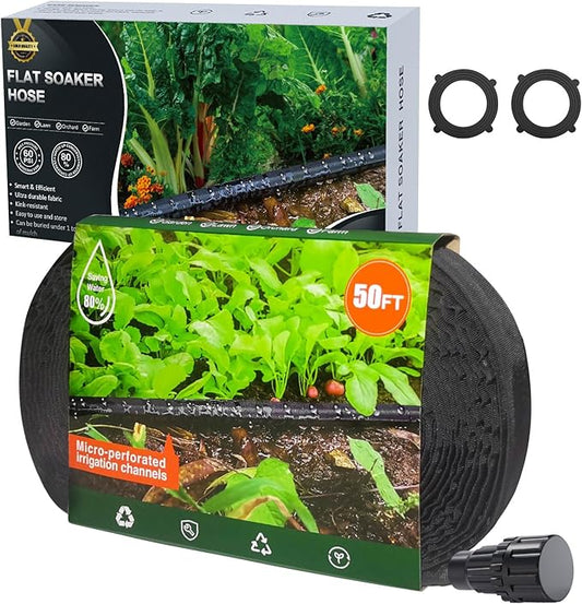 Flat Garden Soaker hose 50ft,Drip irrigation hose for garden beds,water hose with holes for flower beds,Saves 80% water.