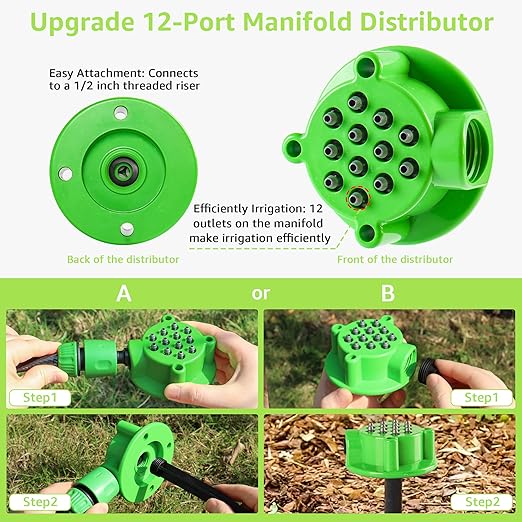 Bonviee 106.5FT Drip Irrigation Kit, Garden Watering System with 12-Port Irrigation Manifold, 1/2 inch Irrigation Tube and 1/4 inch Blank Distribution Tubing, Bed Patio, Lawn