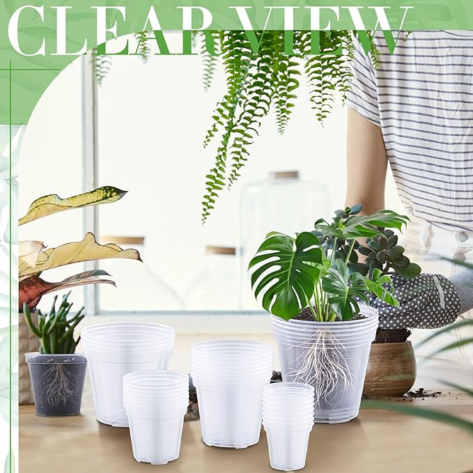 Vesici Large Size Clear Nursery Pots Variety Pack Plant Pots with Drainage Holes Planters for Indoor Plants Flexible Transparent Plastic Plant Bottle Succulents(32 Pcs,3/4/5/6/7 Inch)