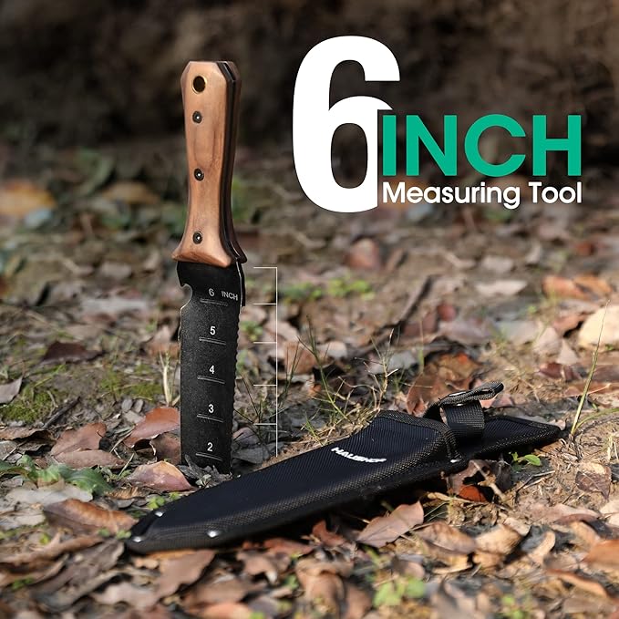HAUSHOF Hori Hori Garden Knife, 7" Stainless Steel Black Stonewash Blade with Cutting Edge, Full-Tang Gardening Knife with Walnut Handle, Oxford Sheath, for Digging, Weeding, Planting
