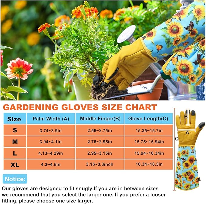 DLY Gardening Gloves for Women, Rose Gloves Gardening Thorn Proof, Long Garden Gloves for Women, Breathable Cowhide Leather Gauntlet (Small, Blue
