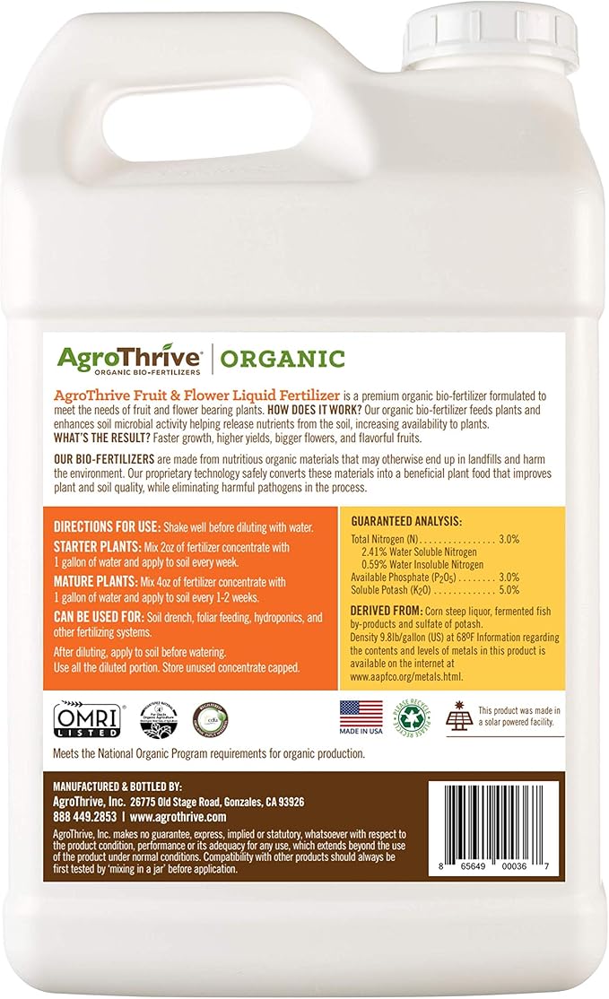 AgroThrive Fruit and Flower Organic Liquid Fertilizer - 3-3-5 NPK (ATFF1320) (2.5 Gal) for Fruits, Flowers, Vegetables, Greenhouses and Herbs