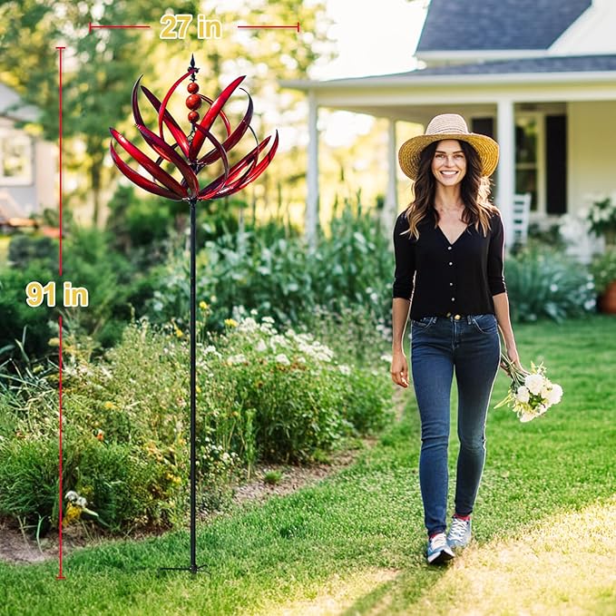 LimeHill Wind Spinner for Garden and Yard - Large Metal Kinetic Wind Sculptures for Outdoor Decor (91 Inches, Burgundy Lotus)