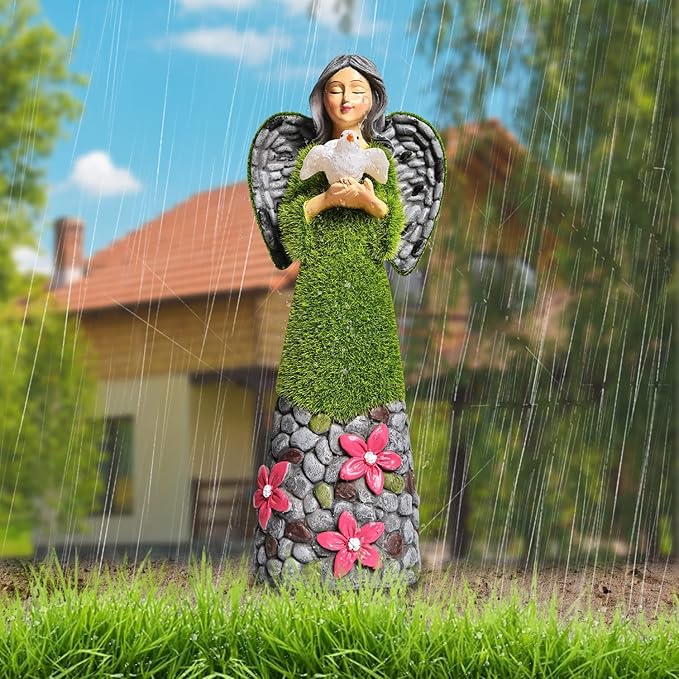 ASAWASA Angel Garden Figurine - Outdoor Statue, Solar Garden Sculpture with Angel of Peace Resin Praying Angel Art Decor for Patio, Lawn, Yard, Porch