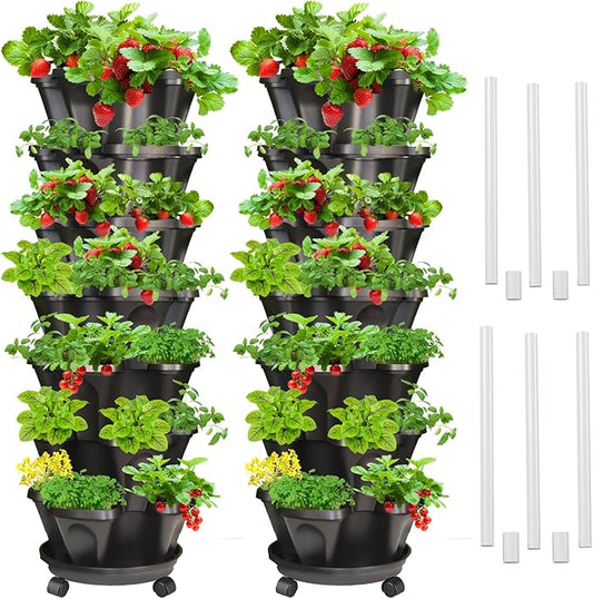 Strawberry Vertical Planter 2 Pack, 7 Tiered Stacking Garden Tower, Stackable Herb Vegetable Planters with Support Pole Indoor Outdoor Black