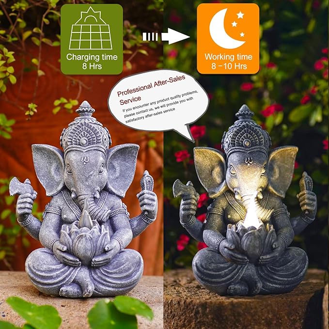 Solar Ganesha Elephant Garden Statues: Outdoor Sculptures with Lotus Lights Decor for Patio Lawn Yard Art - Gifts for Mom Grandma