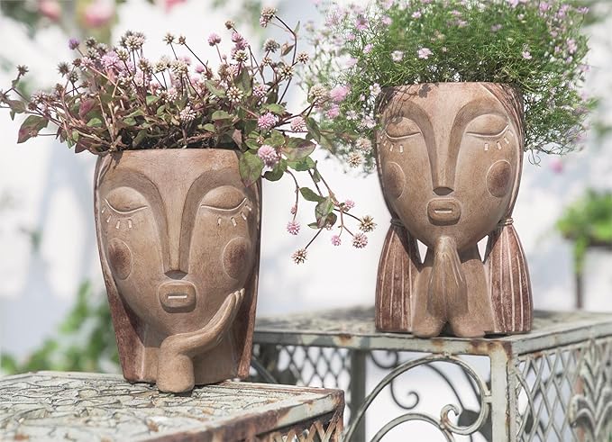 Head Planters for Indoor Plants, Face Flower Pot Head Planter Succulent Planters Unique Face Planter with Drainage Hole - Rustic Thinking Girl Closed Eyes