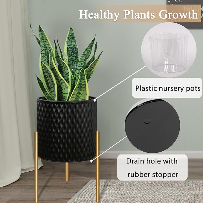 ARNIS Plants Pots with Stand, Large Size Flower Pots, Set of 2 Unique Mid Century Decorative Metal Flower Pots with Drainage,10.5&12.25 Inch, Black