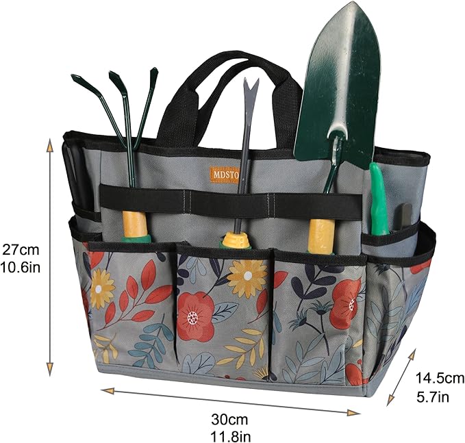 MDSTOP Garden Tool Bag, Garden Tool Kit Holder Home Organizer Storage Carrier, Oxford Garden Hand Tool Storage Tote Organizer with Handle and 8 Roomy Pockets, Floral Gardening Gift, Tools Not Included