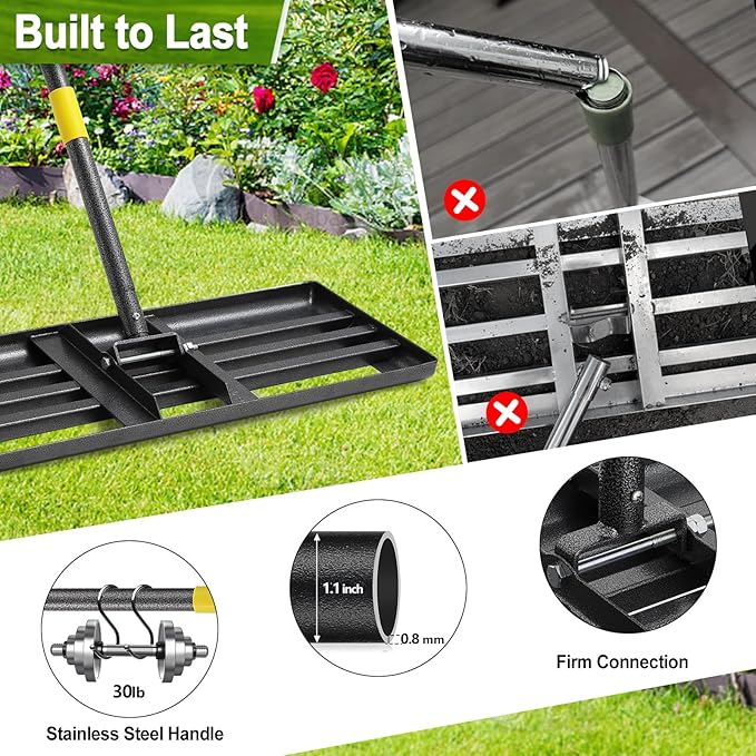 Lawn Leveling Rake, Large Levelawn Tool, 5FT Adjustable Handle Leveling Tool Heavy Duty Stainless Steel Lawn Leveler for Yard Garden Golf Course Soil Grass