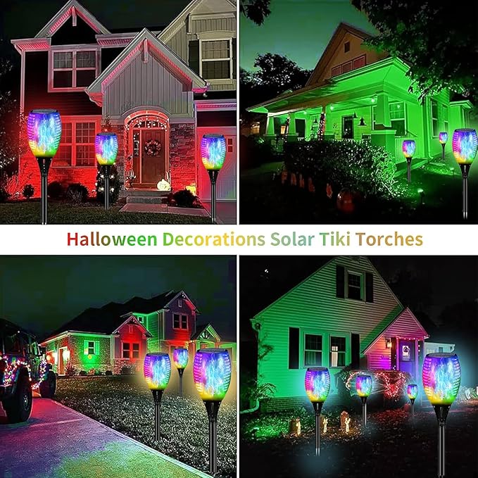 YoungPower Multi Color Halloween RGB Christmas Outdoor Solar Torch Lights, Flickering Flame Solar Garden Lights Decoration Waterproof Outside Yard Decor, 4 Pack