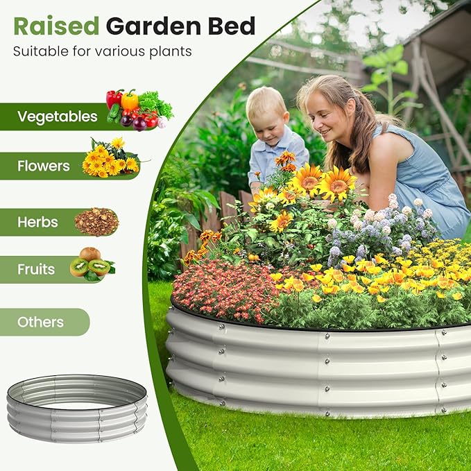 4x4x1 FT Galvanized Raised Garden Bed, Large Round Raised Garden Beds Outdoor Raised Planter Box, Raised Beds for Gardening Vegetables Flower Herb(Pearl White)