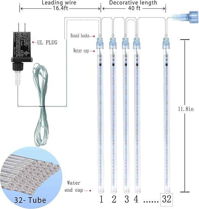 Christmas Decoration Outdoors- 32 Tubes (Equivalent to 4 Sets of 8-Tubes) Meteor Shower Rain Lights, White Falling Rain Lights for Christmas Decor Xmas Tree Halloween Yard Wedding Party, UL Plug