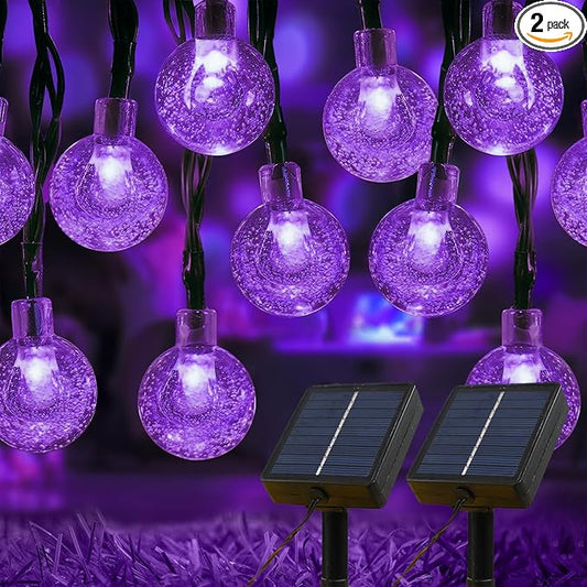 Solar Lights Outdoor Waterproof, 2 Pack Total 200LED 110FT Solar String Lights for Outside w/ 8 Modes, Outdoor String Lights Crystal Globe Patio Lights for Garden Yard Party Decor(Purple)