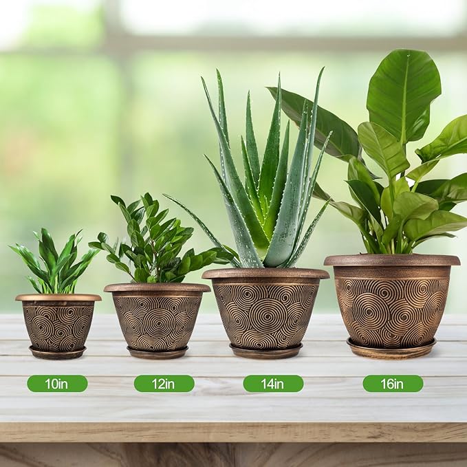 10 Inch Flower Pots Planters for Indoor Outdoor Plants, 3 Pack Plastic Large Plant Pots with Drainage Hole & Tray, Modern Decorative Garden Pot with Saucer, Plant Container for House