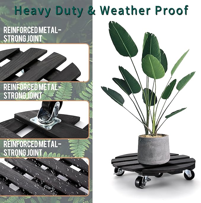 ZXZYHFTY Round Wooden Plant Stand with Wheels, 2 Packs Rolling Plant Stand with 360°Lockable Wheels for Vertical Garden Towers, Vertical Planting Tanks, Plant Pots, Wastebaskets (Black, 14")