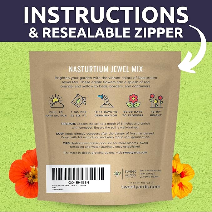 Nasturtium Jewel Mix - Large 1 Ounce Packet - 200 Flower Seeds for Planting - Tropaeolum majus