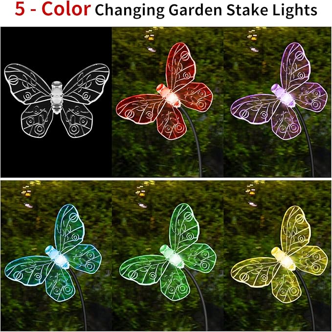 Solar Butterfly Lights Outdoor, 2 Pack with 12 Swaying Garden Lights, Waterproof, Changing Color for Yard Pathway Decor