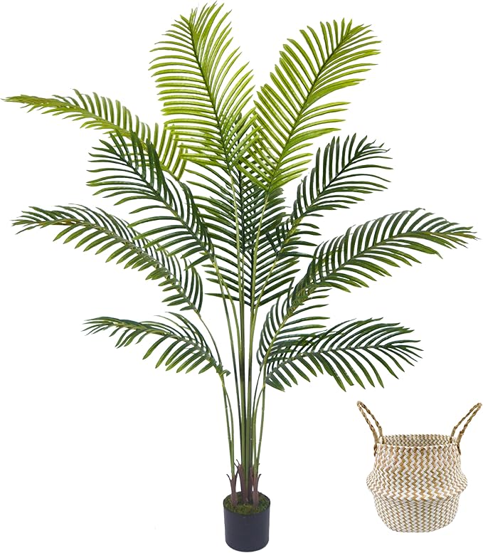 Artificial Palm Tree, 5ft Fake Areca Palm Plant with Basket, Tropical Faux Dypsis Lutescens Plants for Indoor Outdoor Home Office Shop Garden Décor