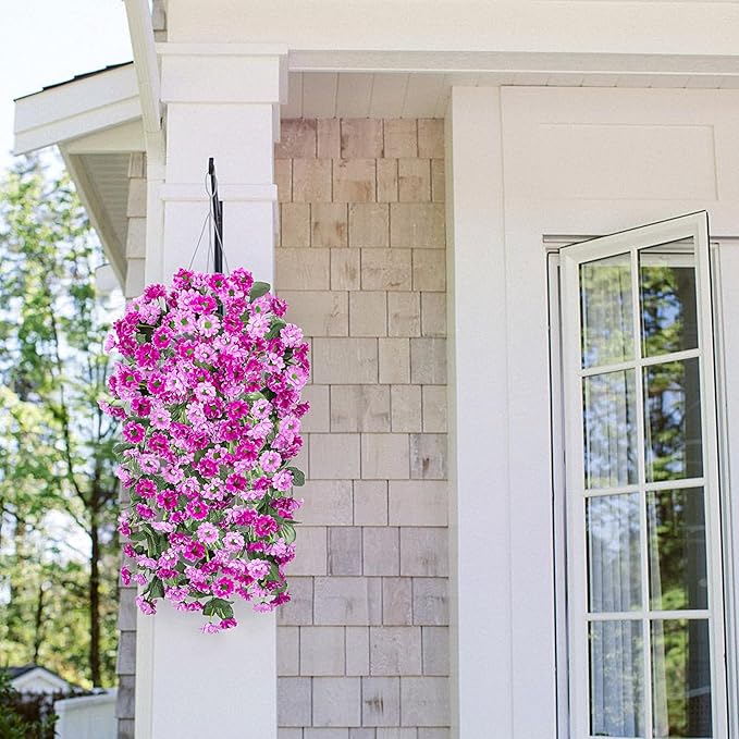 Hanging Baskets Artificial Flowers for Outdoor Interior Decor, Artificial Daisies Flowers Shrubs Plants with Baskets for Home Porch Garden Patio Spring Summer Decoration(Double Lotus)