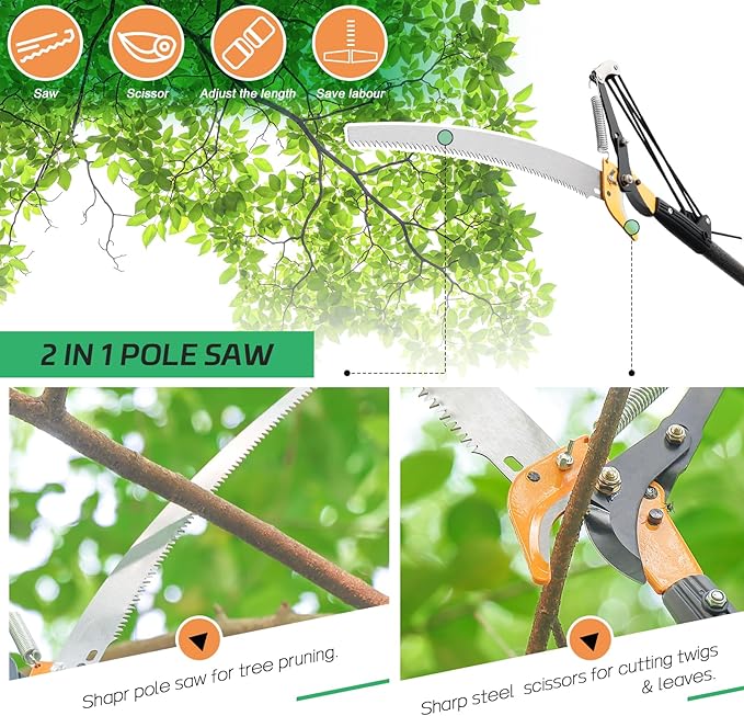 Pole Saws for Tree Trimming, 13.7 FT Manual Tree Trimmer Long Handle Pruner, Extendable Pole Pruners for Tree Trimming, Sharp Steel Blade and Scissors for High Branches Trimming