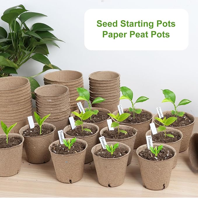 130 Pcs Organic Peat Pots, 4 Inch Nursery Pot Set, Round Plant Seedling Pots with Drainage Holes, Small Seed Starting Starter Tray Bulk, Garden Germination Container with 130 Plant Labels