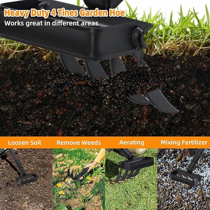 62.6Inch Action Stirrup Hoe Garden Tool Weed Puller with Adjustable Long Handle, Heavy Duty Hula Hoe and 4 Tines Rake 2 in 1 Gardening Tools Garden Cultivator for Weeding Soil Loosening, Black