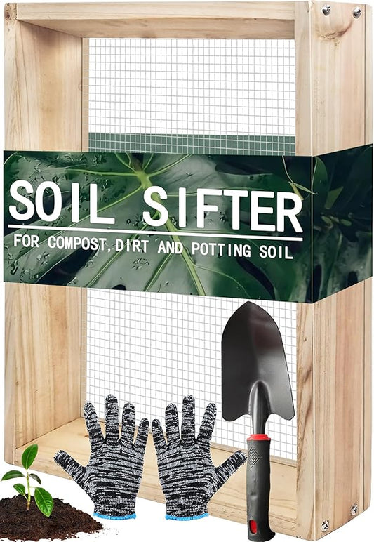 Soil Sifter with Shovle and Glove, Multi-Purpose Wood Compost Dirt Sifter for Gardening, Soil Screen Dirt Cedar Garden Rock Sifter for Compost Sifting Soil, Dirt, Peat Moss and Potting Soil