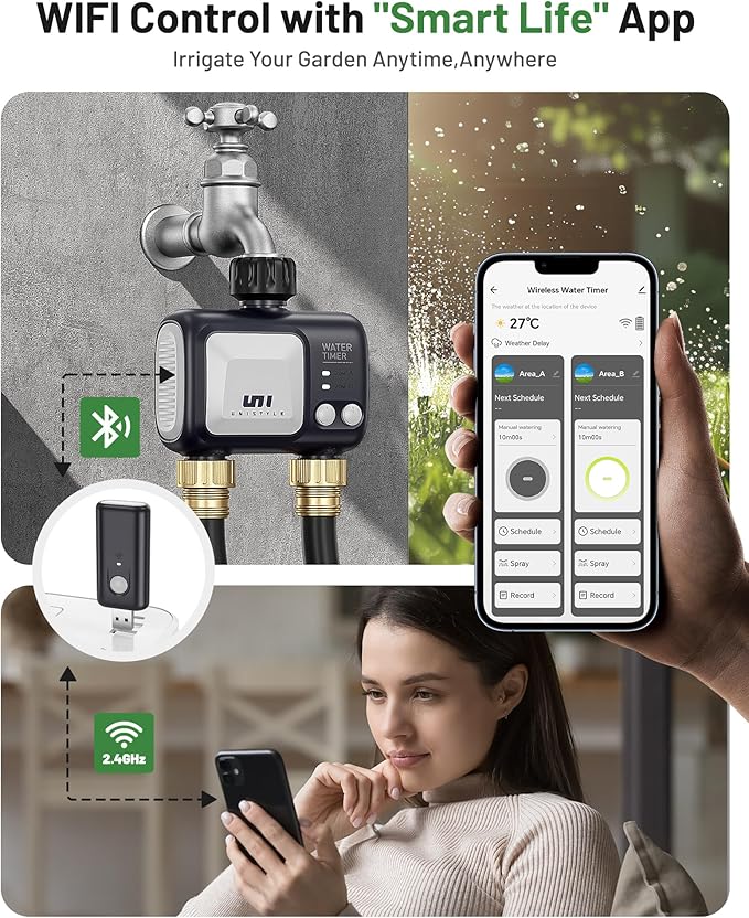 Unistyle WiFi Sprinkler Timer 2 Zone, Programmable Smart Water Timer 2 Outlet, WiFi Irrigation Controller with Rain Delay/Auto Mode/Manual, Outdoor Hose Timer for Lawns, Yards and Garden