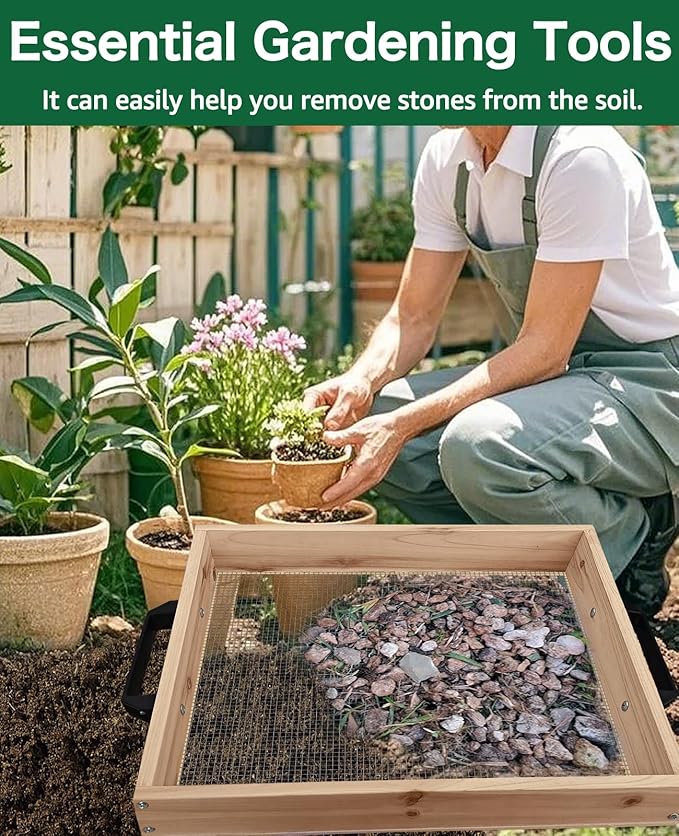 19" x 16" Large Soil Sifter, Soil Sifter for Gardening, Wooden Compost Sifter, Dirt Sifter, Rock Sifter, Soil Sieve with 1/4in Sifting Screen, Sifting Peat Moss Gravel for Wheelbarrow Trowel Tool Set