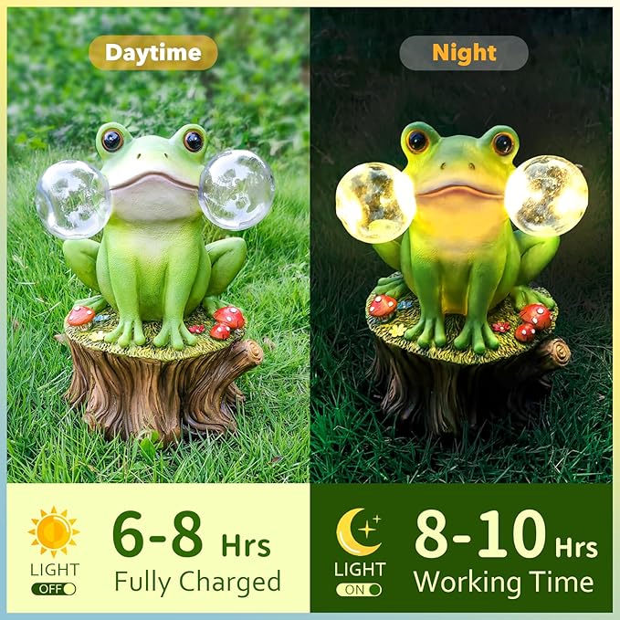 Solar Frog Garden Decor - Mushroom Outdoor Statue for Garden Ornaments, Lawn, Flower Bed, Pond, Patio, Porch - Frog Gifts for Women, Mom, Grandma