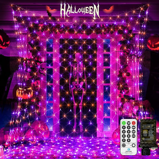 JXLEDAYY 200 LED Halloween Net Lights Outdoor Waterproof 3M*2M Mesh Lights Fairy String Lights Plug in with Timer 8 Modes for Bush Window Fence Garden Yard Roof Wall Decor-Purple and Orange