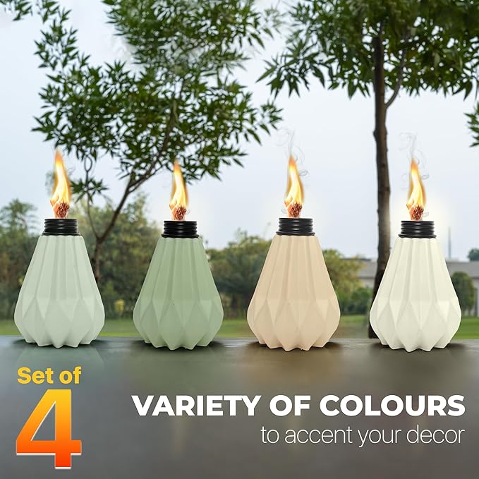 Deco Window Pack of 4 Table Torch for Indoor Outdoor Citronella Oil Tabletop Ceramic Lamp Landscape Multicolored Lantern with Fiberglass Wick & Cap for Garden Patio Yard Party Decor Light