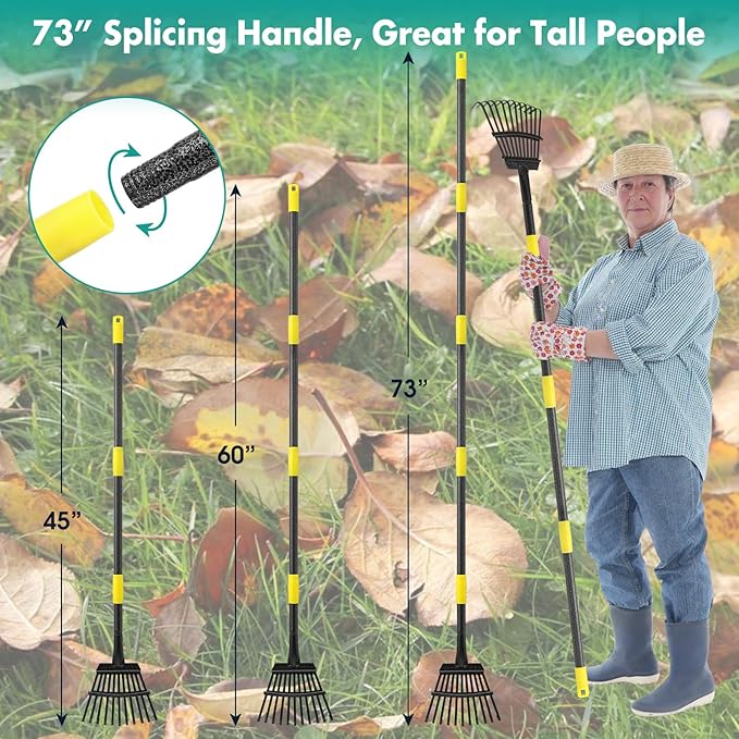 Rake, 73 Inch Long, 11 Tines Small Metal Garden Rake for Leaves, Heavy Duty 9 Inch Wide Rakes for Lawns, Yard Leaf Rake for Gardening , Flower Beds, Shrub, Kids Rake