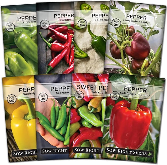 Sow Right Seeds - Hot & Sweet Pepper Seed Collection for Planting - Sunbright, Chocolate, Cayenne, California Wonder, Jalapeno, Anaheim, Cubanelle and Serrano - Non-GMO Heirloom Seeds to Plant