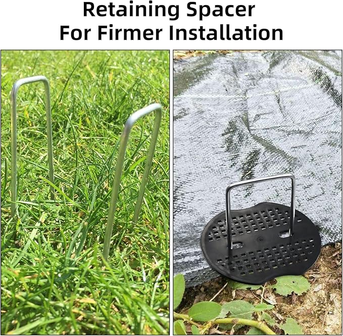 100 Pack 6 Inch Landscape Staples & 100pcs Fixing Gasket Sets, Garden Stakes Galvanized Steel Fabric Pins Heavy-Duty U Shape Sod Turf Pins for Ground Weed Fabric Barrier, Orchard, Yard, Tents