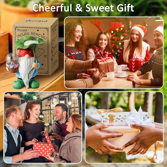 Garden Gnome Decor, Solar Gnomes Decorations Outdoor Gnome Statue Figurine with Solar LED Lights for Outside Lawn Patio Yard Gifts for Mom/Grandma/Birthday