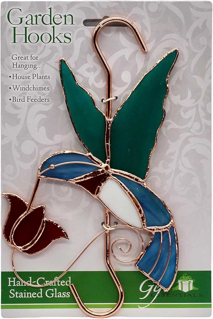 Stained Glass Window Plant Hanger - Hummingbird with Red Flower - Sun Catcher Plant Hook with Copper Hooks Top and Bottom for Indoor and Outdoor Use