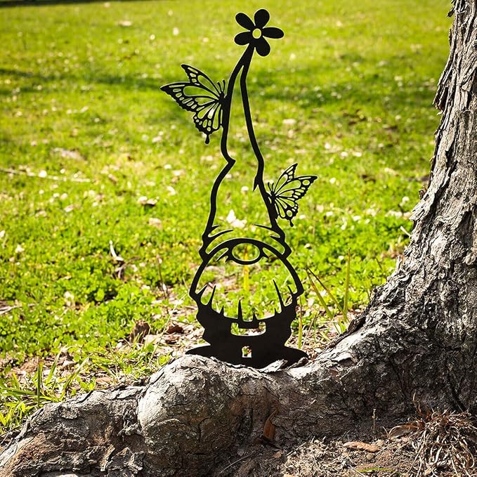 RealSteel Metal Garden Gnomes Outdoor – Steel 4 Pack Lawn Ornaments & Statues, Funny Yard Decor, Weatherproof Garden Decoration, Gift for Gardeners (Black)