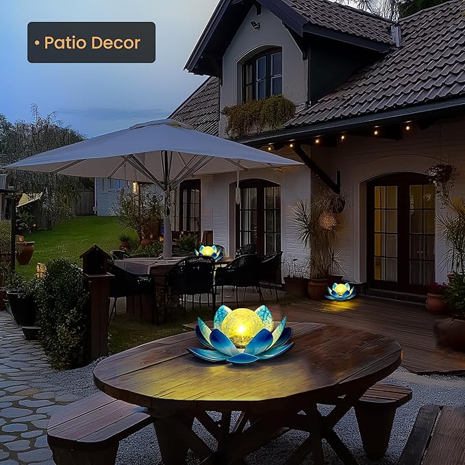 GIGALUMI Solar Light Outdoor Garden Decor, Lotus Flower Light Crackle Globe Glass Lantern Outdoor Table Decor Waterproof for Patio, Lawn, Pathway, Pool, Pond, Christmas Gift (Blue Petal)
