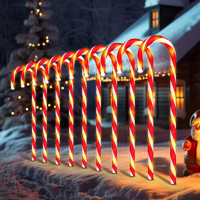 WeGuard 10PK Christmas Candy Cane Pathway Lights Outdoor Decorations 21" 8 Lighting Modes Flashing Waterproof Outdoor Lighted Christmas Decor for Garden Yard (Red)