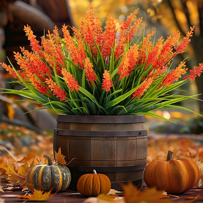 Artificial Fall Flowers for Outdoor Plants 12 Bundles Fake Lavender Plastic Faux Monkey Grass for Verandah Window Garden Office Patio Front Porch UV Resistant for Planter(Orange)