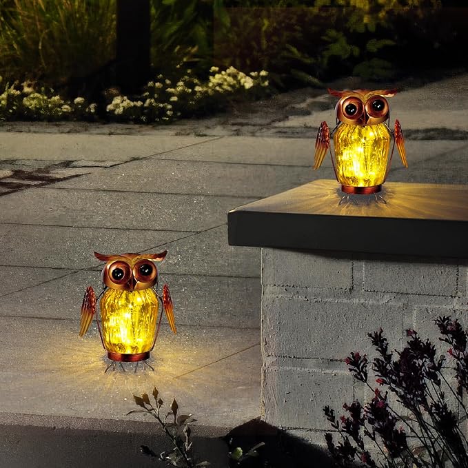 2 Pack Hanging Solar Lantern, Owl Solar Lanterns Outdoor Waterproof LED Glass Jar Lights for Garden Yard Tree Table Xmas Metal Decoration Lanterns