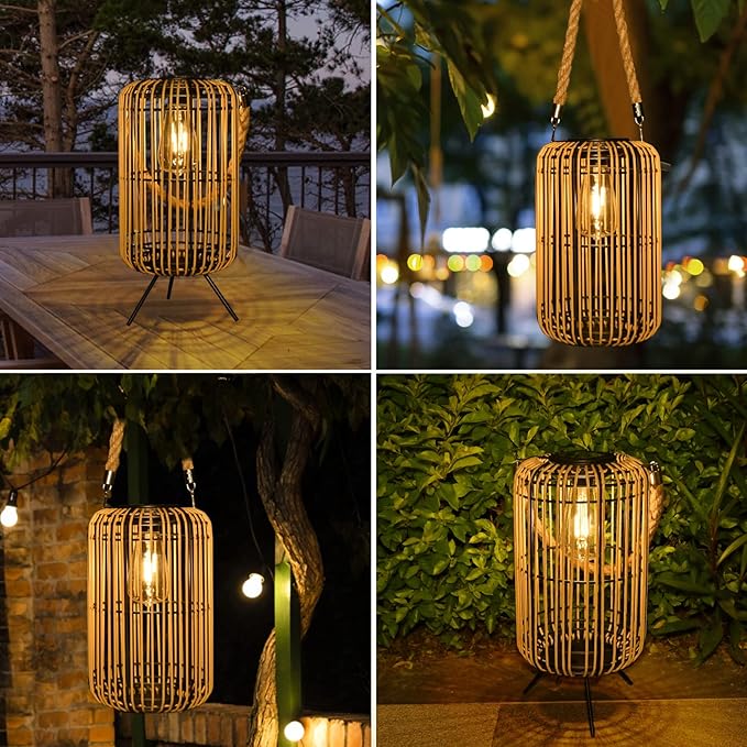 Solar Lantern Outdoor Waterproof, Large Solar Rattan Lantern Outdoor Hanging with Handle, Bright Solar Outdoor Lights with Edison Bulb for Garden Patio Yard Tabletop Decoration