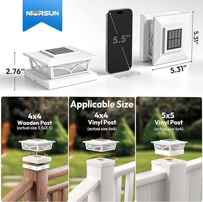 NIORSUN Solar Post Cap Lights Outdoor, 2 Modes LED, Deck Fence Post Solar Lights for 3.5x3.5 4x4 Wood Vinyl, 5x5 Vinyl Caps Patio Garden Decoration, Warm White/Cool White Lighting White 6 Pack