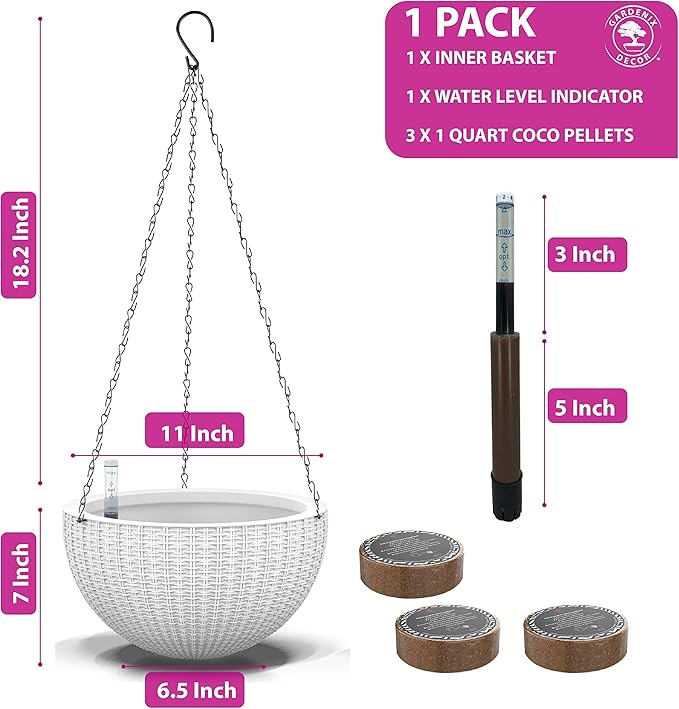 GARDENIX DECOR 11'' Self Watering Hanging planters for Indoor Plants - Flower Pot with Water Level Indicator for Plants, Hanging pots - Self Watering Planter Plant Pot-Coco Coir- Round 1 Pack - White