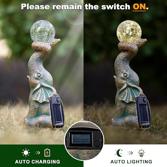 MININOVA Solar Elephant Garden Decor Statues & Sculptures for Outside, Outdoor Figurine Lights for Patio, Yard, Balcony, Unique Housewarming Ornament